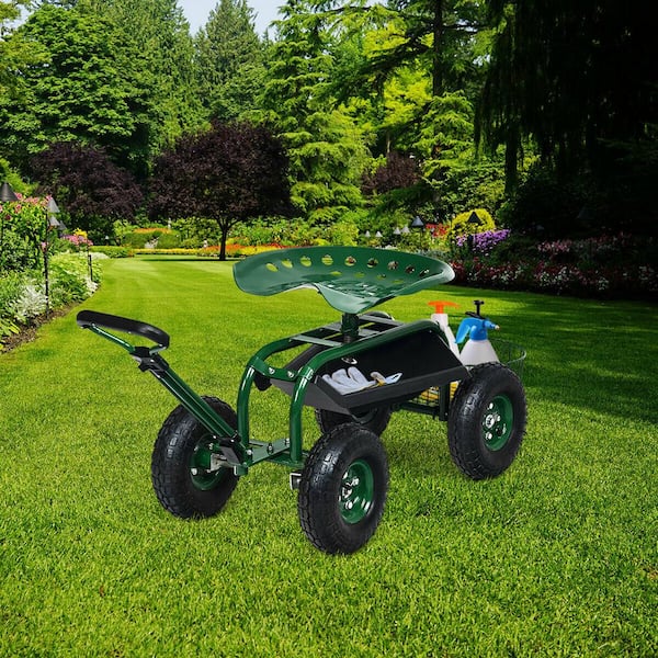 38 in. Dia Green Steel Heavy-Duty Garden Cart with Tool Tray and 360 Swivel Seat