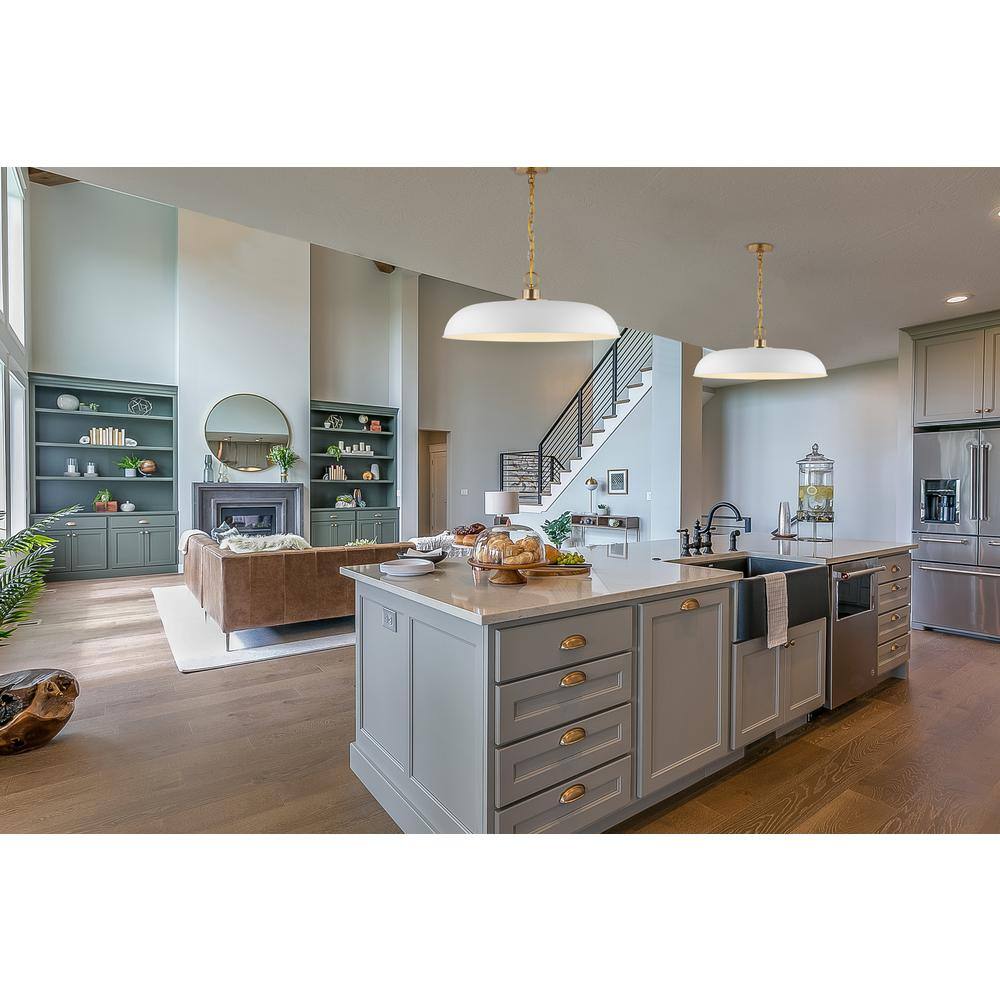 Colony Large Dome Pendant Light in Matte White and Burnished Brass