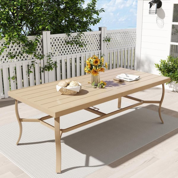 AluLux 8-Person Beige Rectangular Aluminum Outdoor Dining Table with Umbrella Hole
