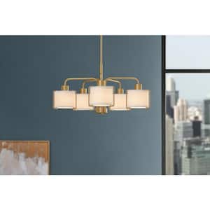 Brookley 5-Light Brushed Gold Shaded Chandelier with White Fabric Shades