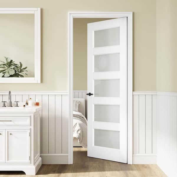 30 in. x 96 in. Solid Core 5-Lite Tempered Frosted Glass White Primed MDF Interior Door Slab
