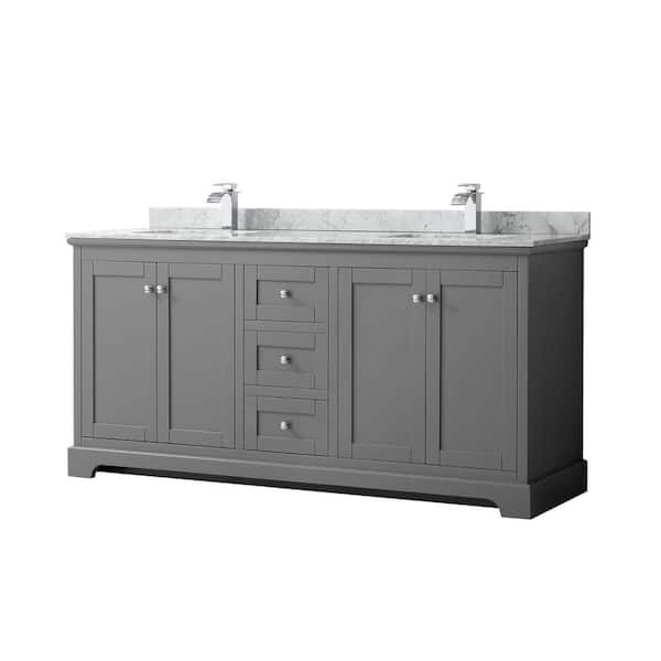 Wyndham Collection Avery 72 in. W x 22 in. D Bathroom Vanity in Dark Gray with Marble Vanity Top in White Carrara with White Basins