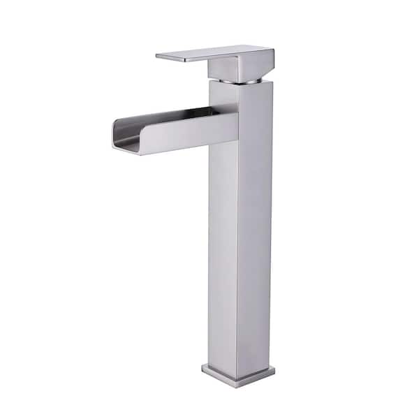 FLG Single Handle Waterfall Bathroom Vessel Sink Faucet Single Hole Brass High Tall Taps in Brushed Nickel
