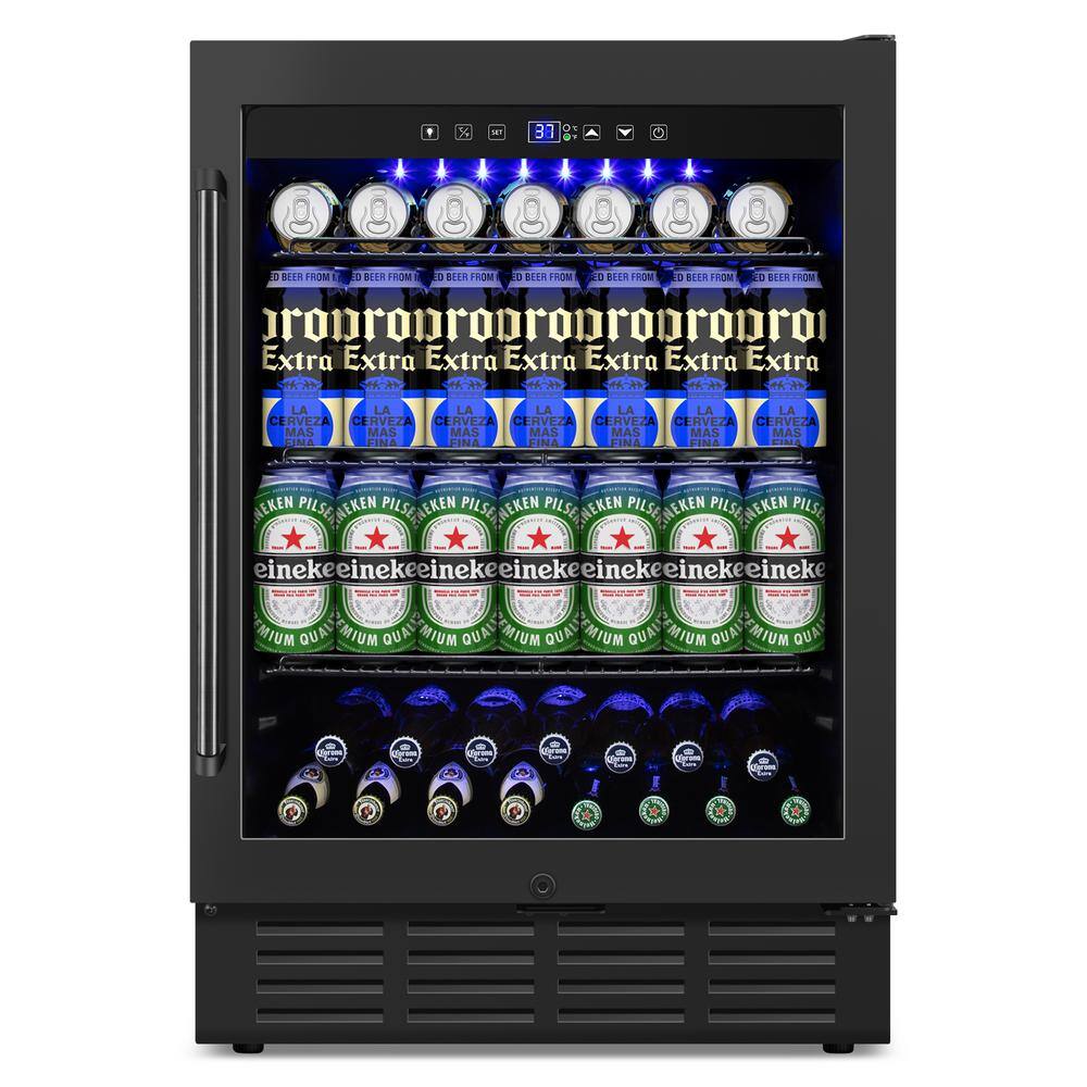 SOZT 23.4 in. Single Zone 180-Cans Built-In/Freestanding Beverage Cooler With Childproof Lock and 2 Keys In Black