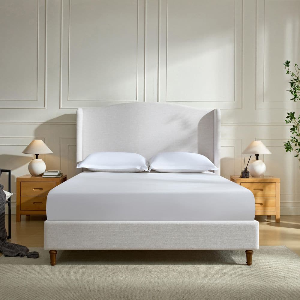 Modern Ivory White Chenille Upholstered Metal Frame Full Size Platform Bed with Wingback Headboard