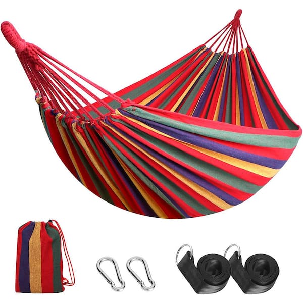 Unbranded 9 ft. 2 Person Cotton Hammock Comfortable Fabric Hammock with Tree Portable Hammock with Travel Bag（ Red）