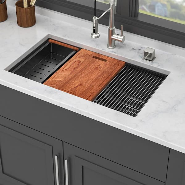 33 in. Undermount Single Bowl 16 Gauge Gunmetal Black Stainless Steel Kitchen Sink with Workstation