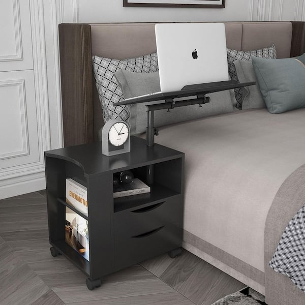 Unbranded 2-Drawer Black Nightstand with Swivel Top Wheels and Open Shelf 33.31 in. H x 23.62 in. W x 15.75 in. D