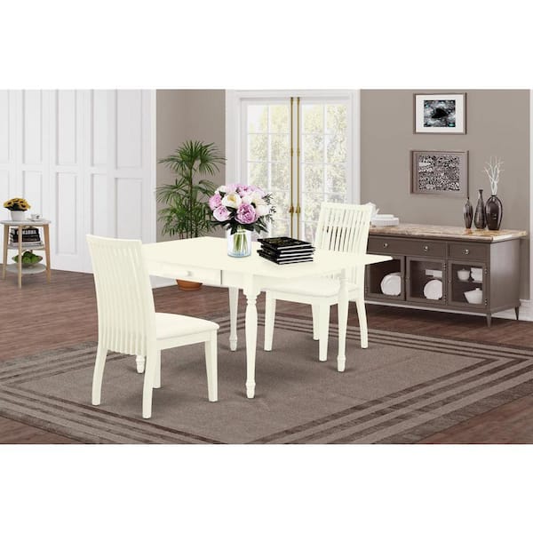 East West Furniture 3-Piece Linen White Finish Solid Wood Top With Dropleaf Dining Table Set
