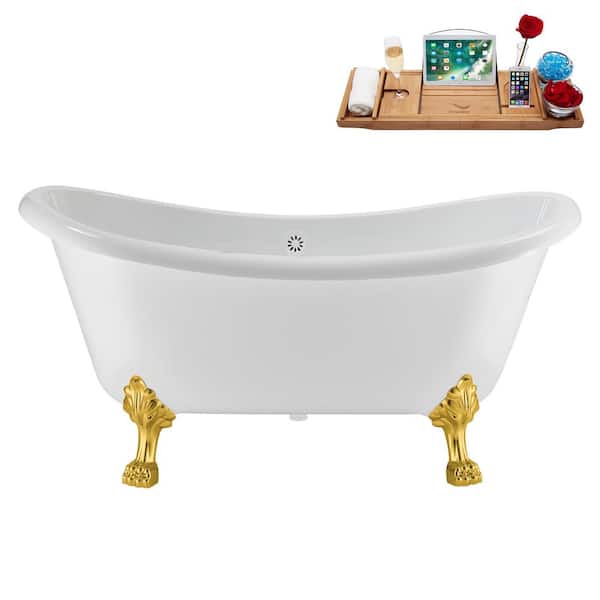 Streamline 59 in. x 28 in. Acrylic Clawfoot Soaking Bathtub in Glossy White with Glossy White Drain, Polished Gold Clawfeet