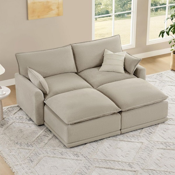 Kian 78.7 in. Square Arm Fabric Oversized Modular Sofa with 2 Ottomans, High Back and Solid Wood Legs in. Taupe/4PCB