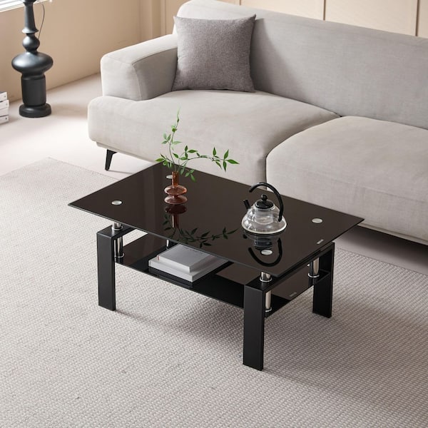 39.37 in. Black Rectangle Black Glass Coffee Table with Dual-Tier Storage & Metal Frame