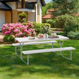 72 in. White Rectangle Metal Picnic Table Seats 8-People with 2-Benches, Umbrella Hole