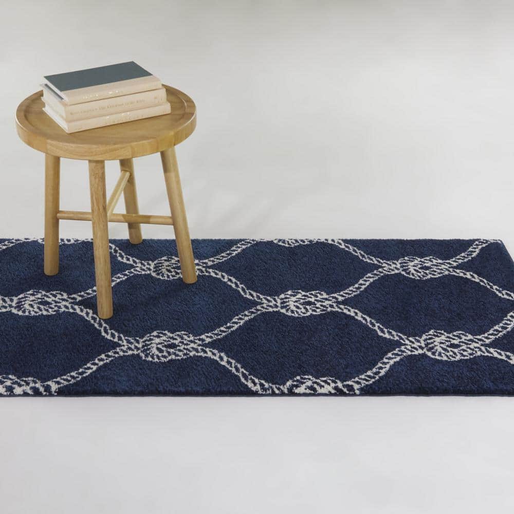 Navy and White Synthetic Trellis Kids Runner Rug
