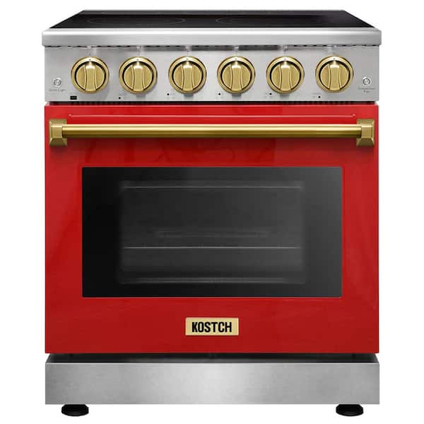 30 in. 5 Elements Freestanding Electric Range with 4.55 cu. ft. True Convection Oven in Red with Bronze Handles