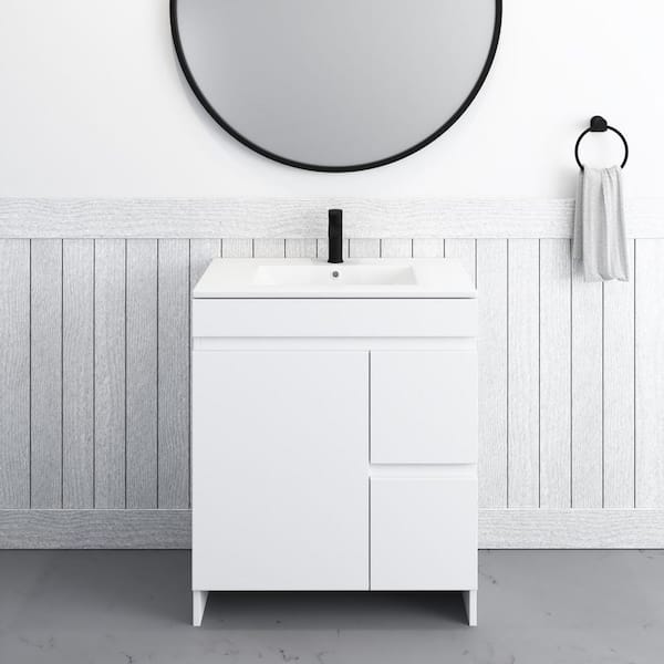 Mace 30 in. W x 18 in. D x 34 in. H Bath Vanity in White with White Ceramic Top and Right-Side Drawers