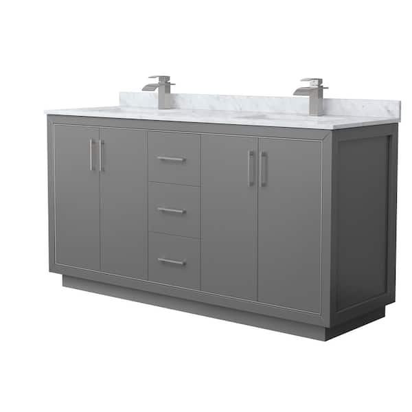 Wyndham Collection Icon 66 in. W x 22 in. D x 35 in. H Double Bath Vanity in Dark Gray with White Carrara Marble Top
