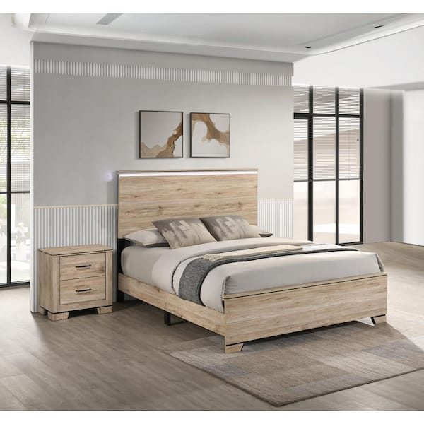 Steph 2-Piece Greige (Gray and Beige) Rustic Oak Wood Frame Queen Panel Bedroom Set With 1 Nightstand