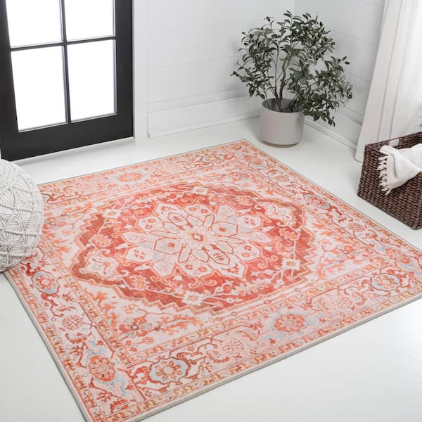 Asa Ornate Orange/Cream 8 ft. Medallion Machine-Washable Square Area Rug