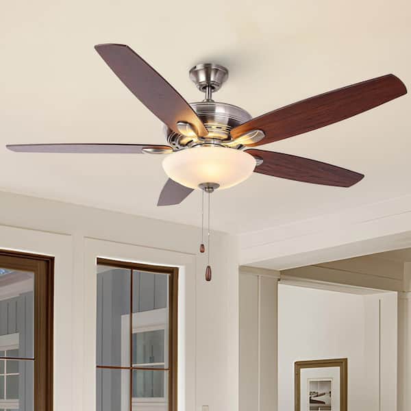 IHOMEadore 52 in. Indoor Polished Nickel Downrod and Flush Mount Ceiling Fan with Light, Pull Chains, and 5-Reversible Blades