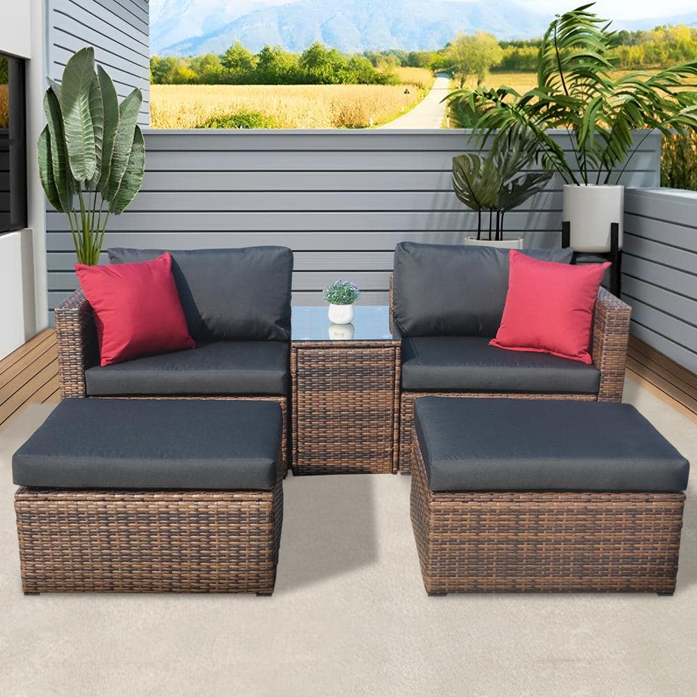 Brown 5-Piece Wicker Outdoor Sectional Patio Conversation Set Black Cushion
