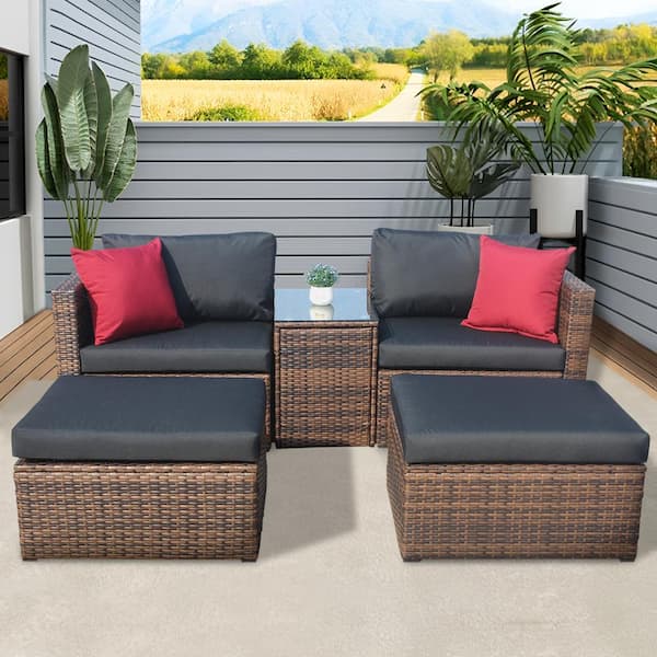 Unbranded Brown 5-Piece Wicker Outdoor Sectional Patio Conversation Set Black Cushions Pillows and Furniture Protection Cover