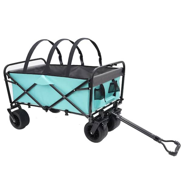 Unbranded 10 cu. ft. Strap Collapsible Foldable Wagon Cart Steel Garden Cart with 3-Pieces Plastic Liner Bag /Cover, Blue