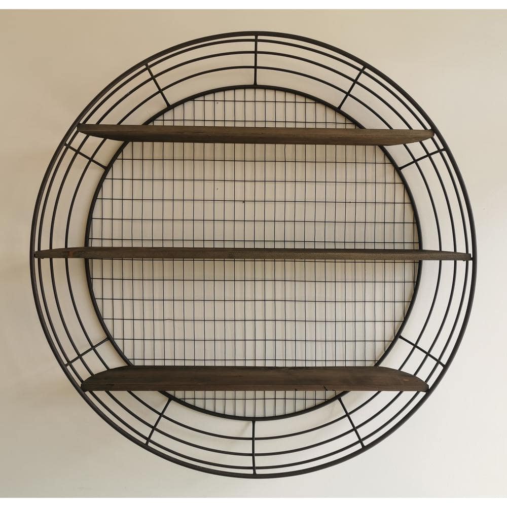 Rustic Elegance 39" Round Iron and Wood 3-Tier Floating Wall Shelf