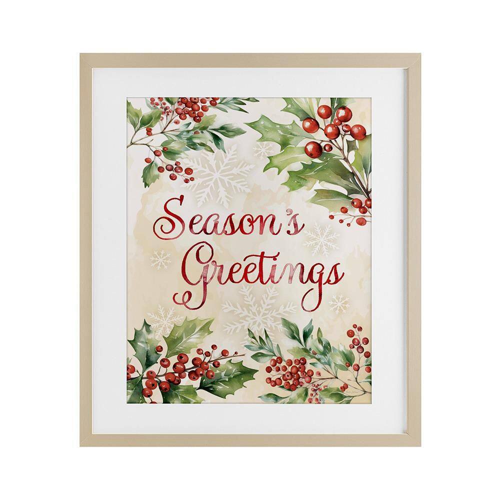 Season's Greetings Holly Berries by Nicole DeCamp 1-Piece Birch Framed Graphic Typography Art Print 16 in. x 13 in. price history on PriceWatchPro