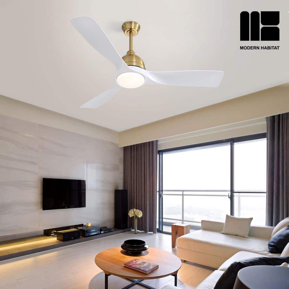 54" White and Gold Modern Ceiling Fan with LED Light and Remote