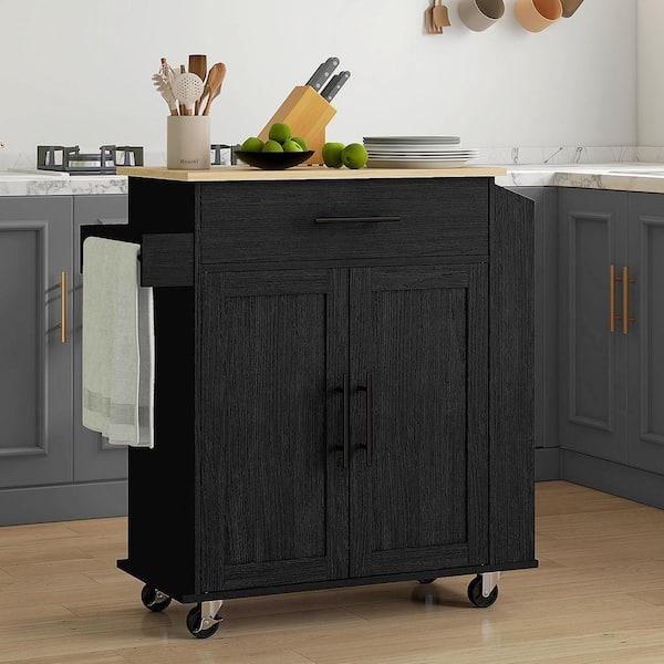 Rolling Black Wood Top 30 in. Kitchen Island with Outlets, USB Ports and Adjustable Shelf