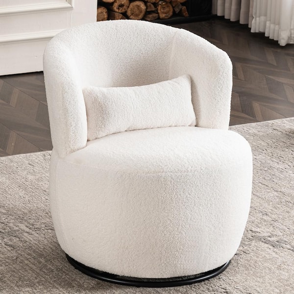aisword Modern Teddy Fabric Swivel Barrel Chair with Metal Base, Comfy Round Armchair - Off-White