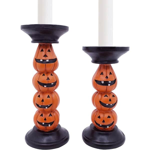 Halloween Pumpkin Candle Holder-9.5 Inch Polyresin Set of 2, Fireplace Decor, Orange