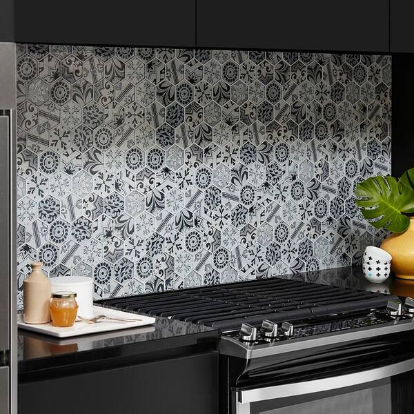 Black and White Kitchen with Glossy White Glass Tiles