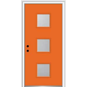 36 in. x 80 in. Aveline Right-Hand Inswing 3-Lite Frosted Painted Fiberglass Smooth Prehung Front Door 4-9/16 in. Frame