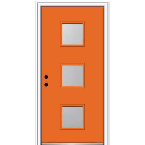 MMI DOOR 36 in. x 80 in. Aveline Right-Hand Inswing 3-Lite Frosted Painted Fiberglass Smooth Prehung Front Door 4-9/16 in. Frame