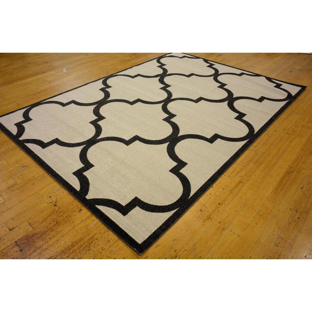 Beige and Black Trellis 7' x 10' Rectangular Easy Care Rug