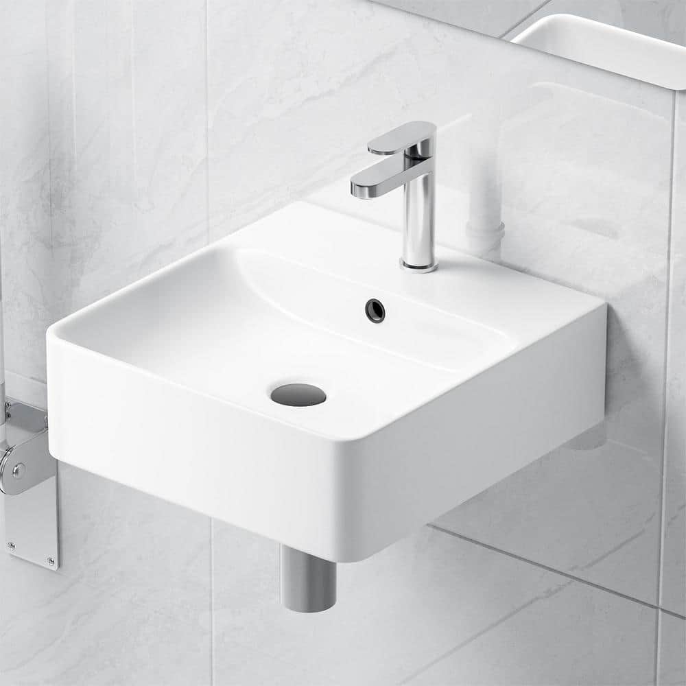 Crisp White Ceramic Square Wall-Mount Bathroom Sink with Overflow