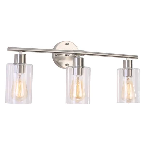 LWYTJO 22.83 in. 3-Light Brushed Nickel Vanity Light with Clear Glass Shade