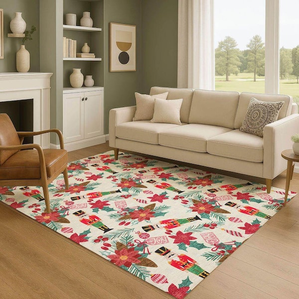 Mayfield Premium Machine Washable Abstract AMF1822 Ivory 5 ft. x 7 ft. 6 in. Area Rug