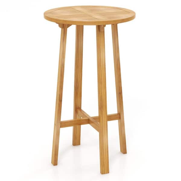 24 in. Natural Brown Teak Wood Round Outdoor Bar Table with Footrest for Indoors Outdoors
