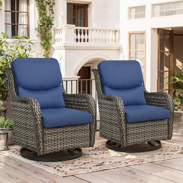 Crescent Gray Wicker Outdoor Rocking Chair Patio Swivel Chairs with CushionGuard Navy Blue Cushions (2-Pack)