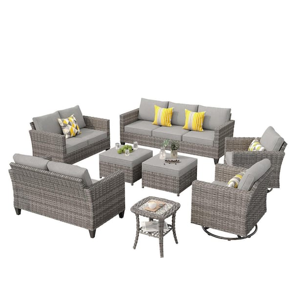 New Star Gray 8-Piece Wicker Patio Conversation Seating Set with Dark Gray Cushions and Swivel Chairs