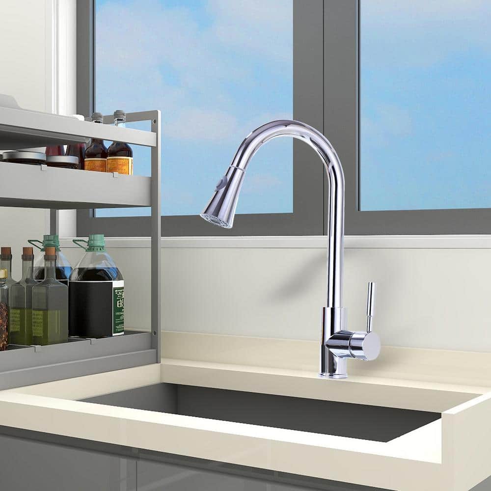 Chrome Single Handle Pull-Down Spray Kitchen Faucet