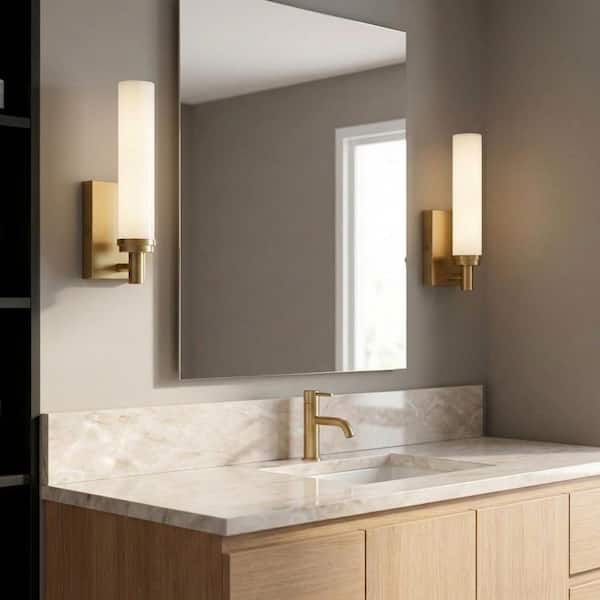 Coles 4.5 in. W x 12.6 in. H Satin Brass Modern LED Dimmable Bathroom Wall Sconce with White Acrylic Shade