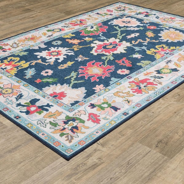 Atlantis Blue/Multi 2 ft. x 7 ft. Boho Oriental Floral Polyester Machine Washable Indoor Runner Area Rug