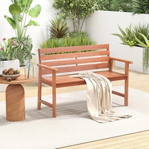 2-Person Wood Outdoor Bench Patio Hardwood Chair with Slatted Seat and Inclined Backrest