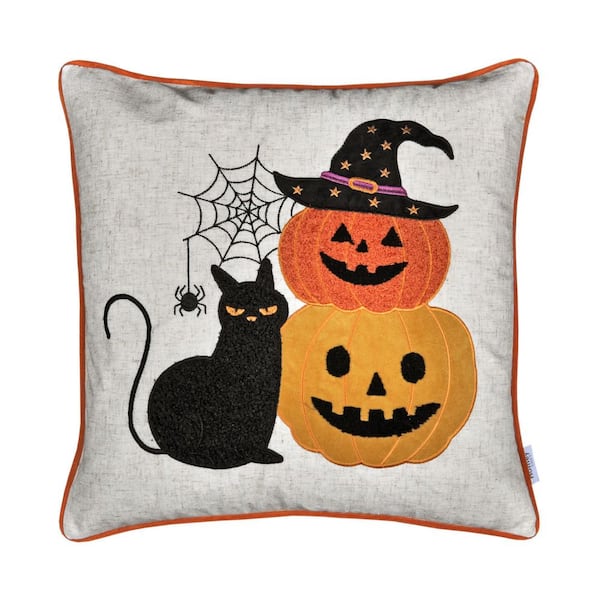 20 in. x 20 in. Outdoor Square Halloween Black Cat and Pumpkin Stack Throw Pillow