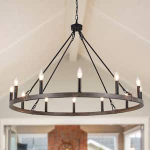 12-Light 38 in. W Vintage Black/Imitation Wood Grain Candle Wagon Wheel Chandelier for Dining Room Kitchen Bedroom Study