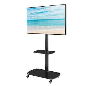 Height Adjustable TV Stand Mount for 32 in.-65 in. TVs vwith Lockable Wheels and Tempered Glass Shelves, Black